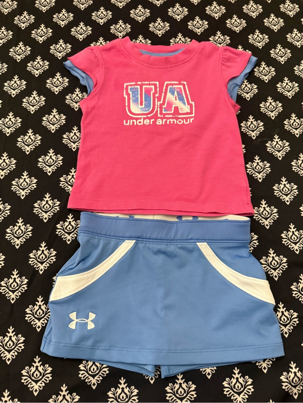 Under Armour Baby Girls 12M 2 Piece Set Pink Logo Shirt Blue Skort Athletic